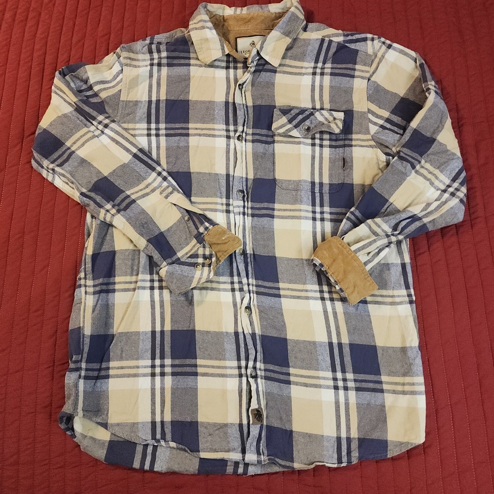 Legendary Whitetails Buck Camp Flannel Shirt XLT Blue Tan Plaid Corduroy Trim